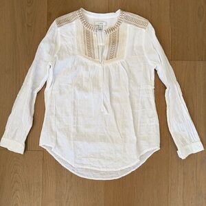 J. Crew White Boho Style Blouse with Tan Embroidery - Sz. 00